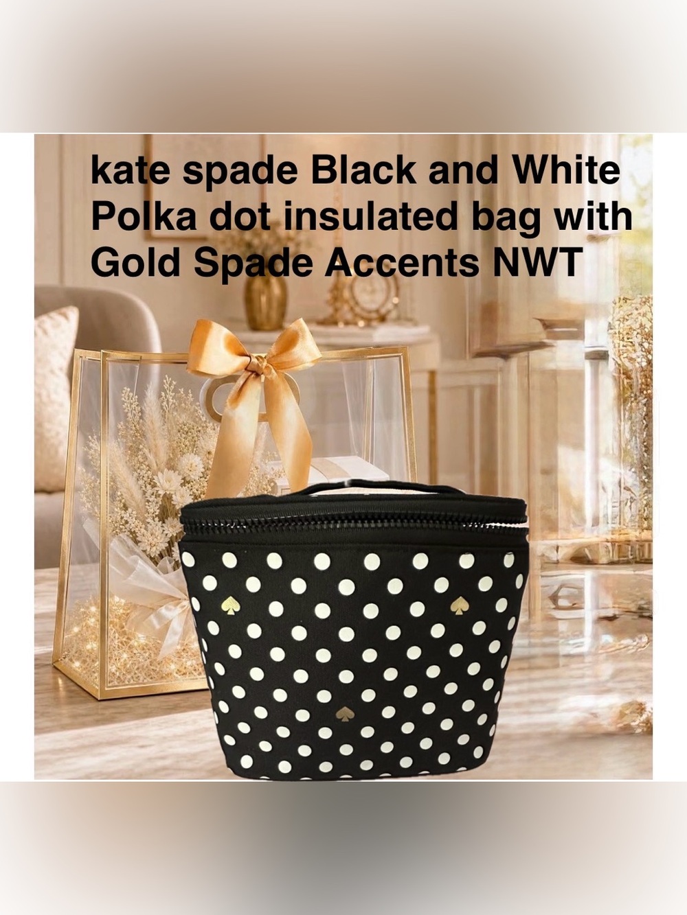 kate spade Black and White Polka Dot Insulated Pouch Bag with Gold Spade Accents